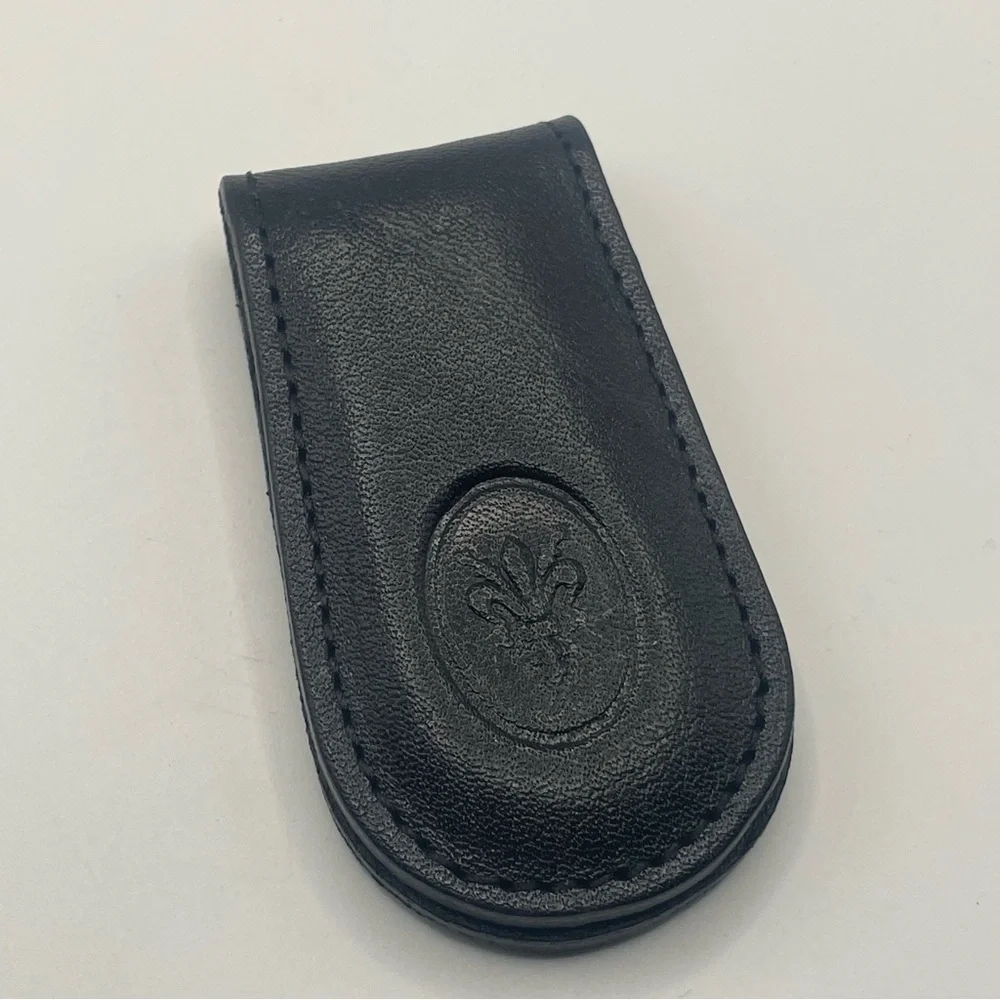 Fleur de Lis Embossed Black Leather Money Clip Made in Italy